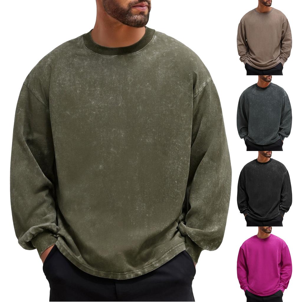 Men's And Women's Casual High-weight Washed Distressed Long-sleeved Men's Off-the-shoulder Retro Loose Round-neck All-cotton Top
