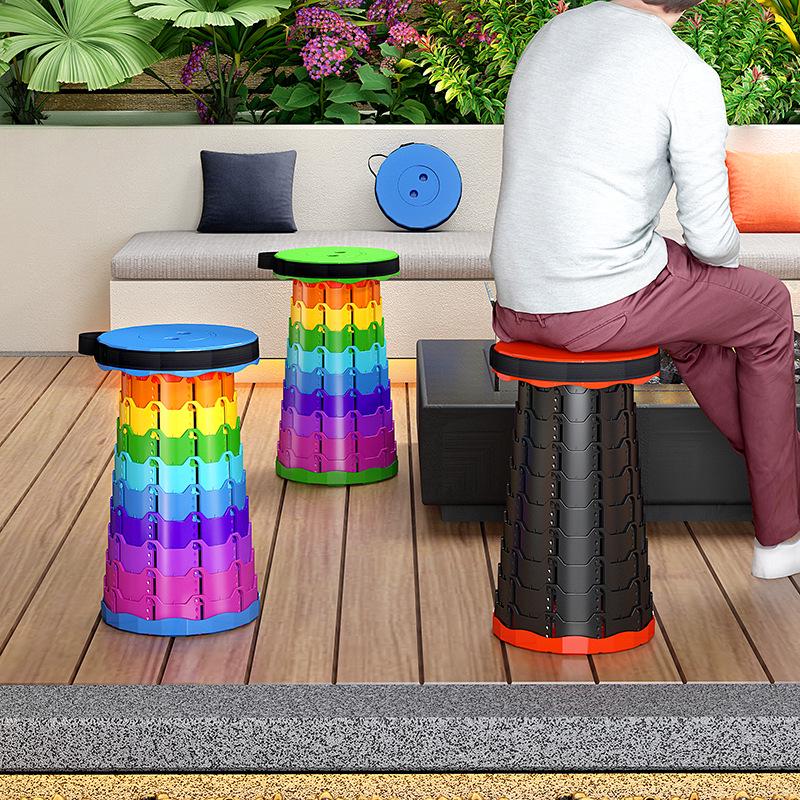 Rainbow Retractable Portable Camping Stool - Round, Plastic Folding Design.