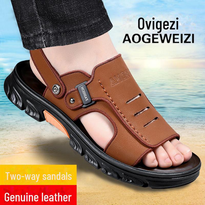 Aoweigezi 2023 Men's Summer Soft Leather Non-slip Beach Sandals with Thick Sole.