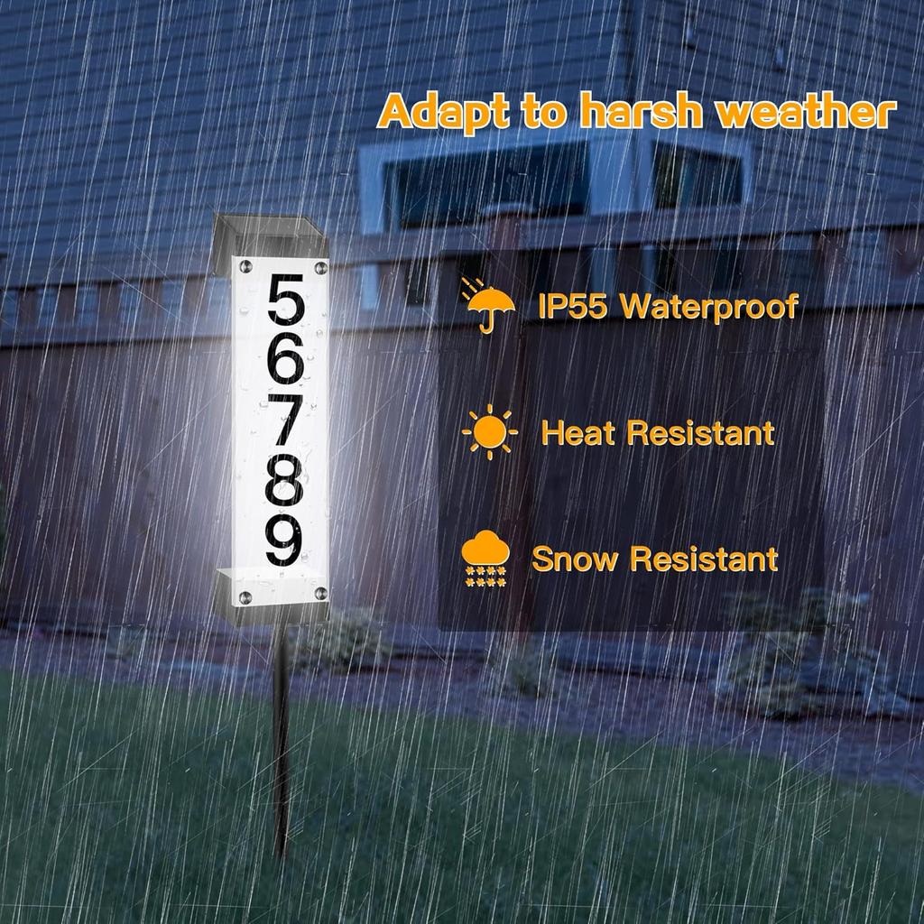 Solar House Numbers for Outside, Lighted Solar Address Sign Plaque Address Numbers for Houses Waterproof LED Solar Powered Address Sign with Stakes