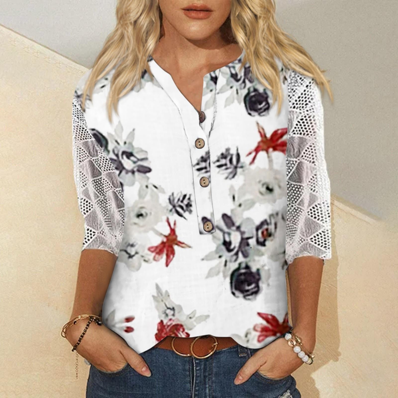 

Women V Neck 3/4 Sleeve Shirts Print Lace Casual Blouse Loose Work Tunic Tops M червоний