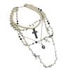 Elegant Rhinestone Pearl Cross Pendant Necklace Women Layering Friendly Delicate Chain Lightweight Luxury Choker Style