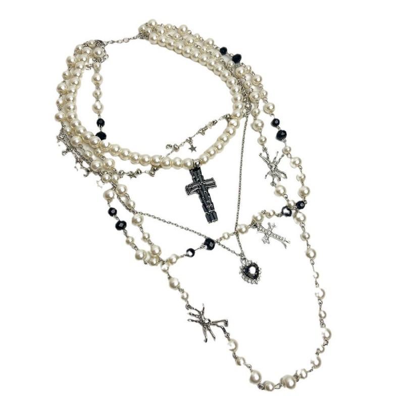 Elegant Rhinestone Pearl Cross Pendant Necklace Women Layering Friendly Delicate Chain Lightweight Luxury Choker Style