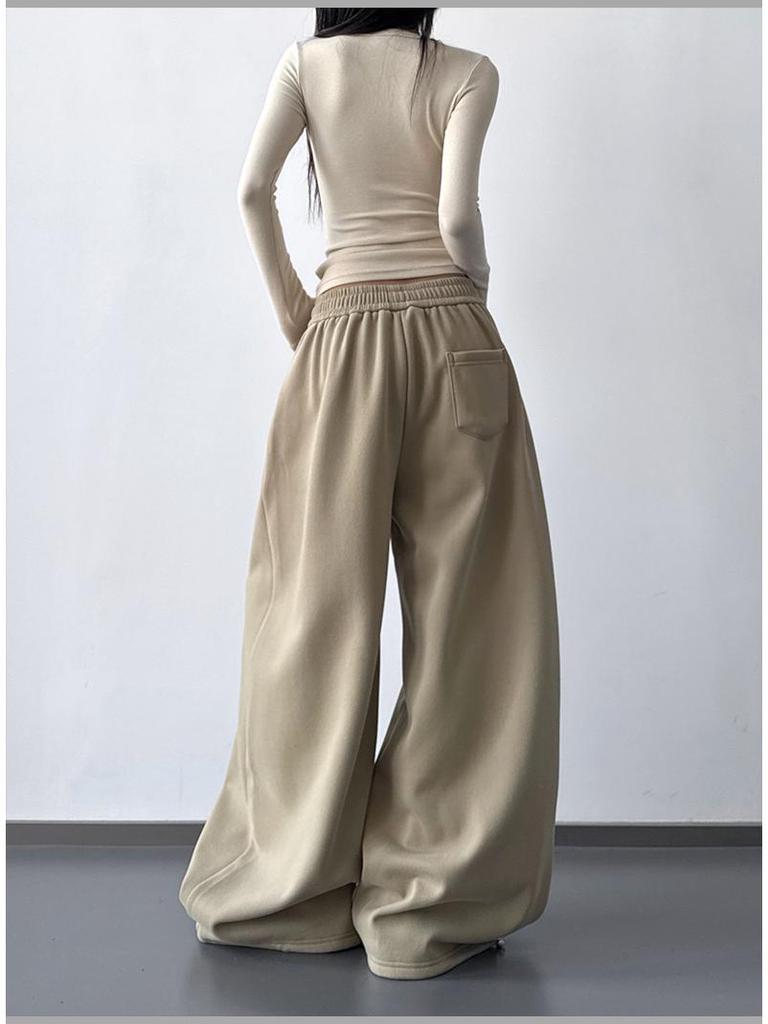 Women's Stylish Black Velvet Wide-Leg Sports Pants - New 2025 Winter Fashion, High Street Casual Style