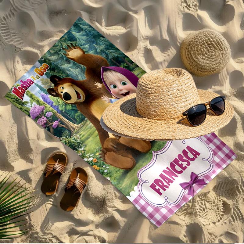 Masha and The Bear Print Beach Towel Design, Soft, Lightweight. for Home Bathroom, Spa, Pool, Yoga, Surfing, Camping, Gift for Family, Friend