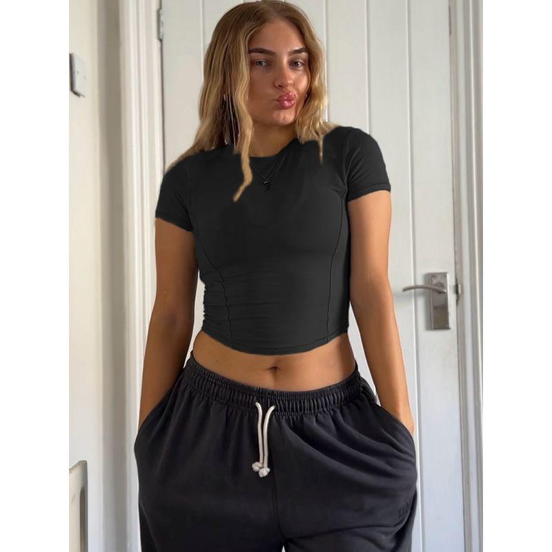 Irongirl Yoga Short Sleeve Women's Silm Slim Looking Short Sports Tops Sexy round Neck Workout Clothes T-shirt Blouse