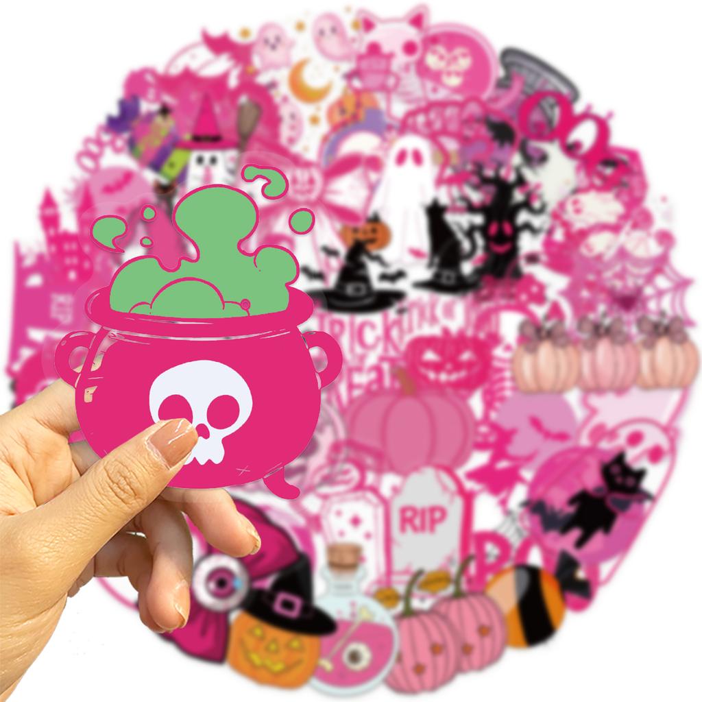 50Pcs Transparent Cartoon Pink Halloween Sticker Packs, Waterproof Transparent PET Hand Account Decorative Guitar Notebook Stickers
