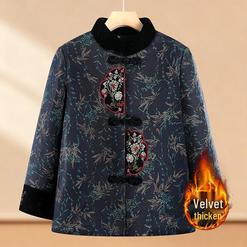 Elderly Women's Winter Cotton Jacket, Grandma’s Plus Velvet Thickened Tang Suit, Warm Stand Collar Outerwear for 70-Year-Olds