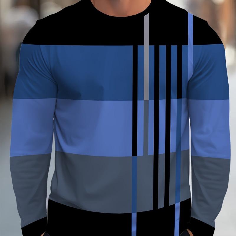 

Men s Casual Sports T-shirt Summer Breathable Striped Geometric Pattern Round Neck Long Sleeved Top XL
