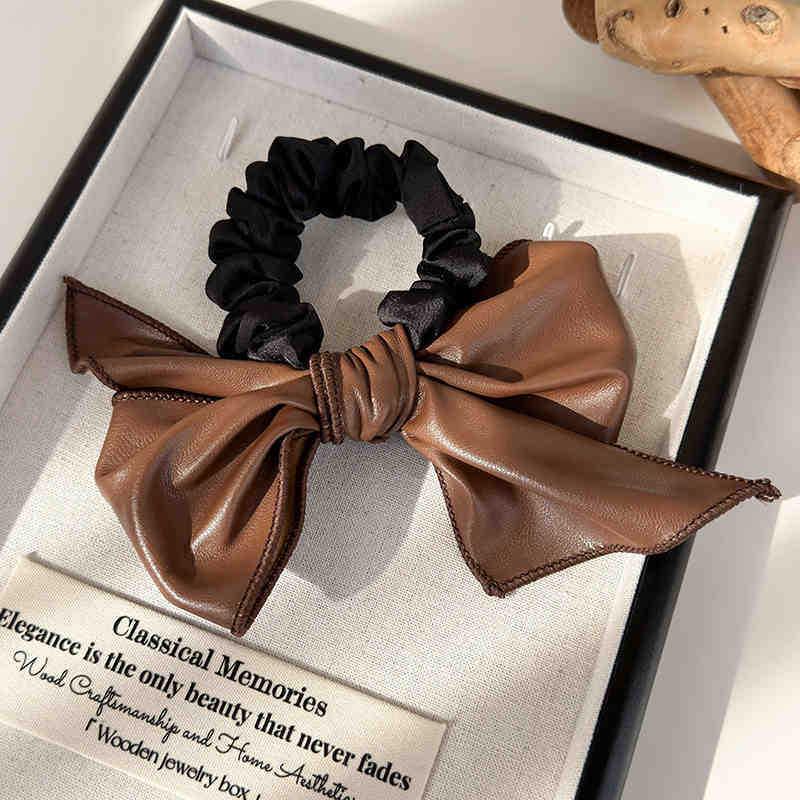 Fashionable Maillard Leather Bow High Elasticity Hair Tie for Women