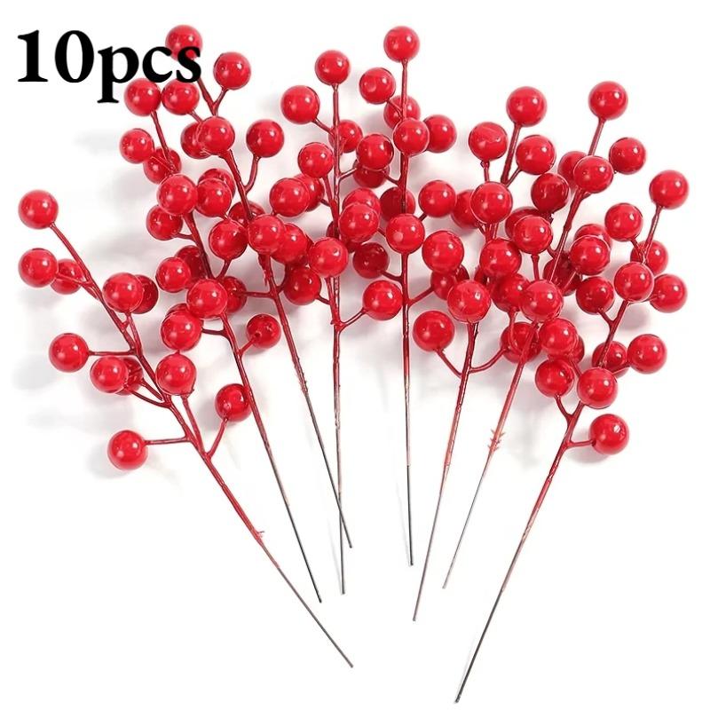 10/30pcs Artificial Pine & Holly Berry Christmas Decor - Red Berry Branches for Tree/Wreath/Gift, Festive Home Holiday Ornament