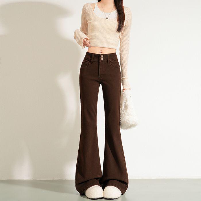 Women s New High-Waisted Slimming Coffee Flare Jeans - Autumn/Winter 2025 Small