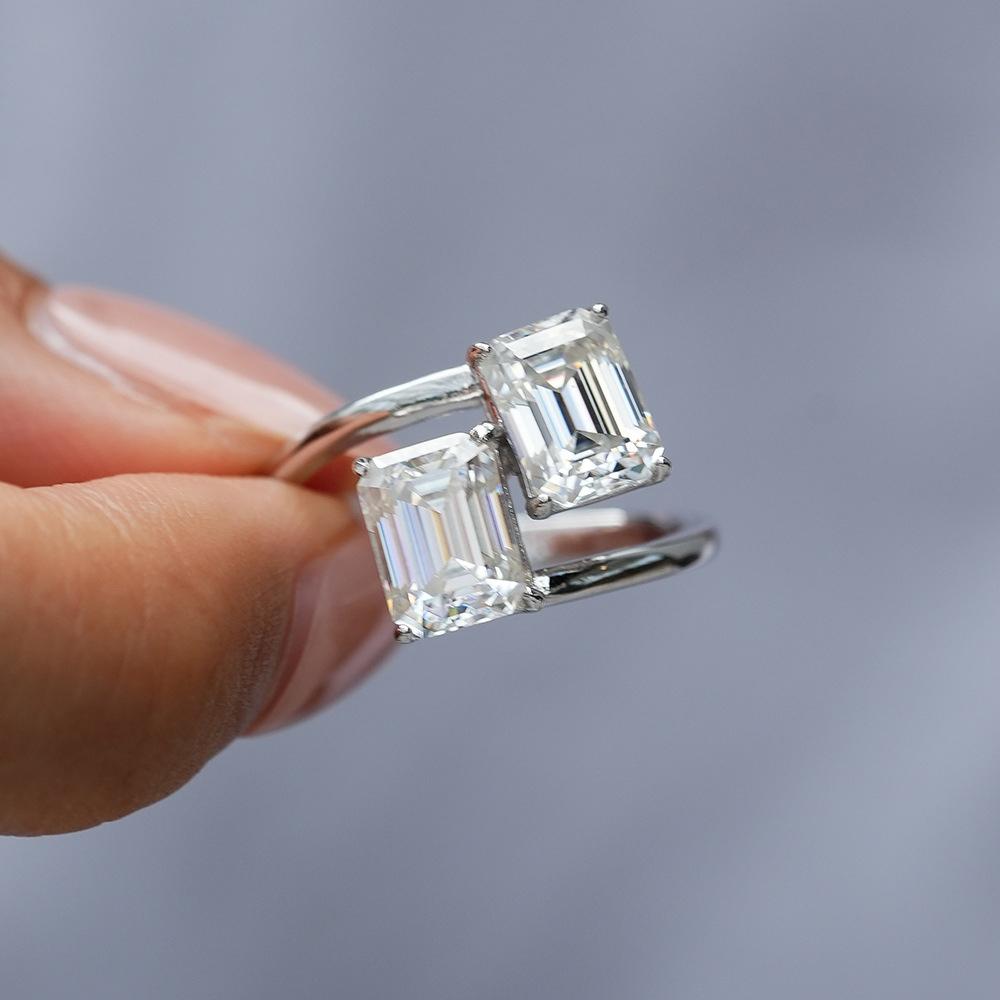 4cttw Emerald Cut Moissanite Ring for Women   Copper2 Stone Lab Diamond Engagement Ring Wedding Bands Jewelry Gift