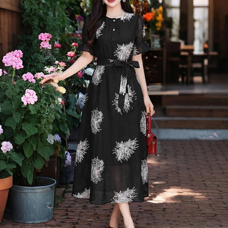 ZANZEA Women Casual Round Neck Elegant Embroidery Mesh Patchwork Loose Short Sleeve Dress M чёрный