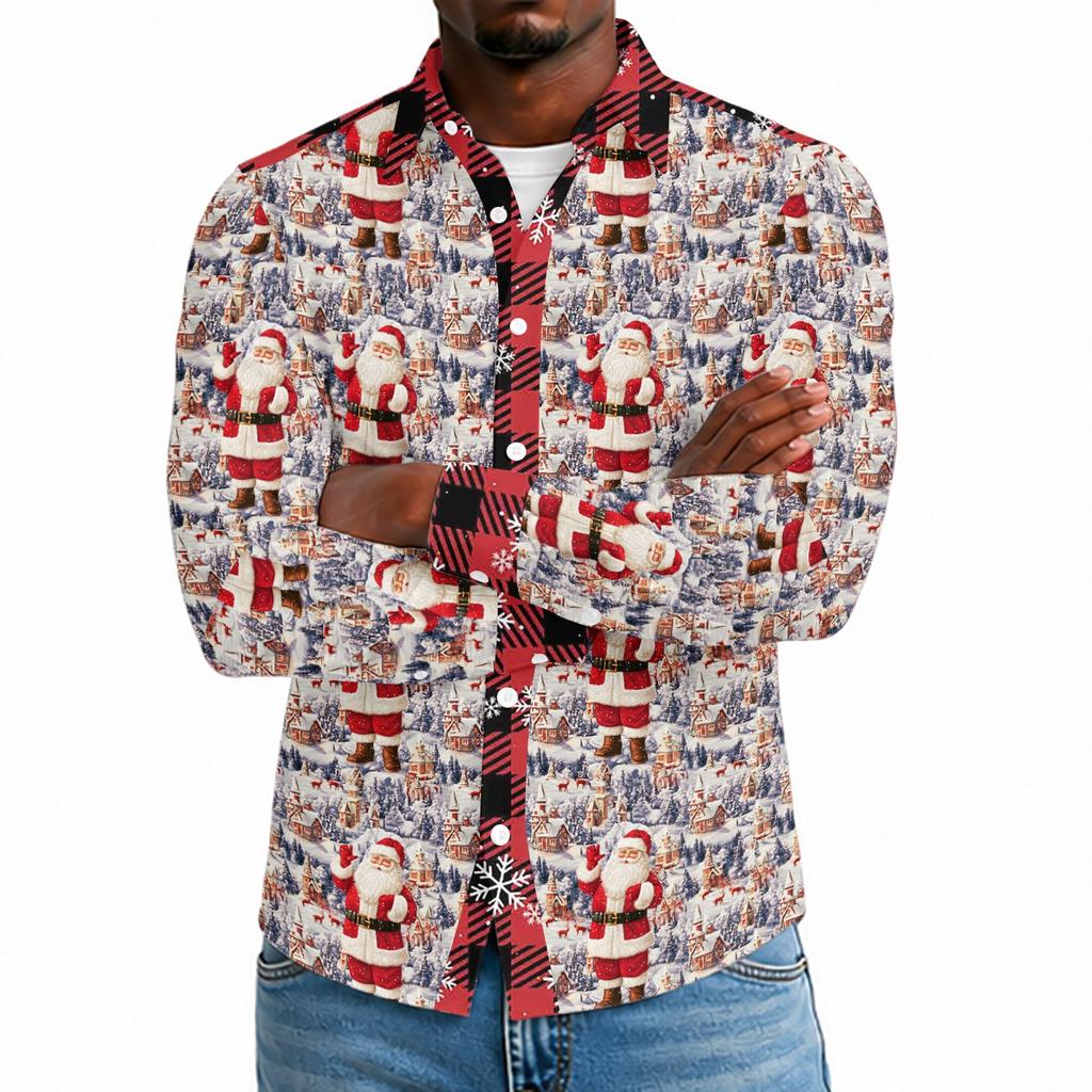Men's Casual Long Sleeve Shirt with Christmas Print for Spring and Everyday Wear