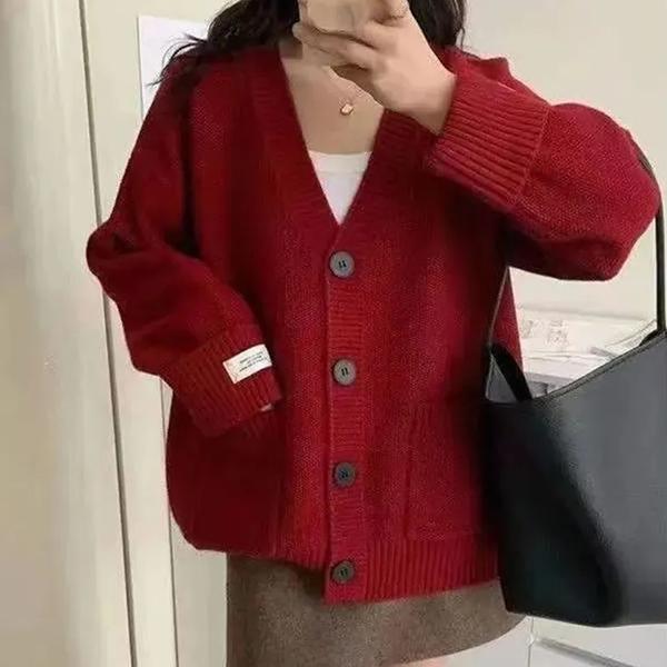 

WTEMPO V-neck Long Sleeve Knitted Tops Casual Loose Button Cardigans Knitwear Women s Spring Autumn Elegant Sweater Coats One Size