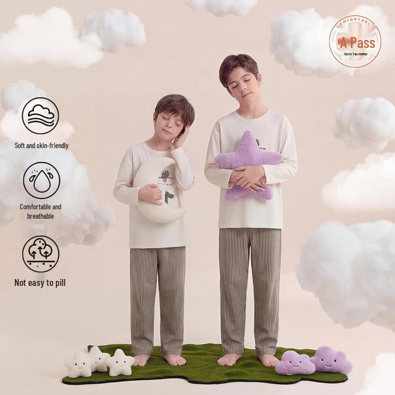 Boys' Long-Sleeve Pure Cotton Pajama Set for Spring, Summer, and Autumn - Ideal for Primary School-Aged Children.