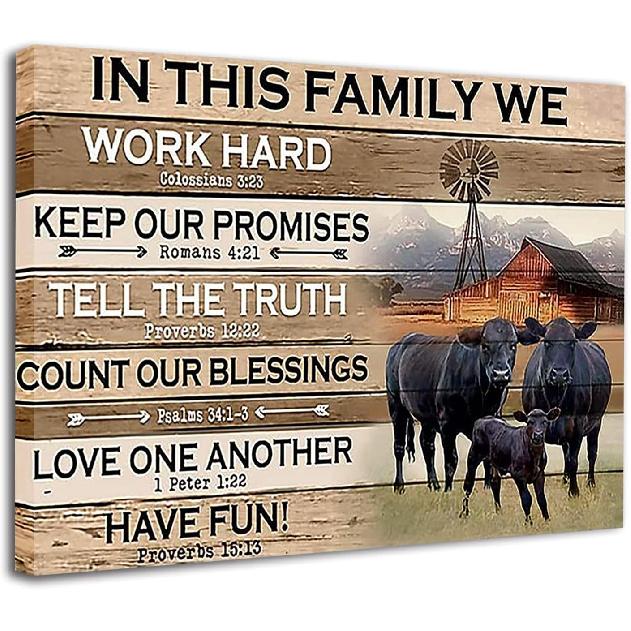 In This Family Black Angus Cattle Poster Cattle Wall Art Canvas Farmhouse Cow Wooden Rustic Inspirational Quotes Art Prints Vintage Themed