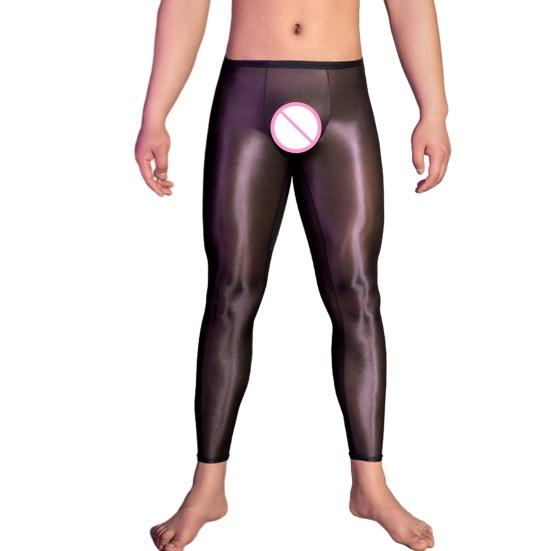 Pánské sexy dlouhé kalhoty průhledné olejově lesklé ultratenké strečové legíny lesklé ledové Silky Comfort úzké kalhoty