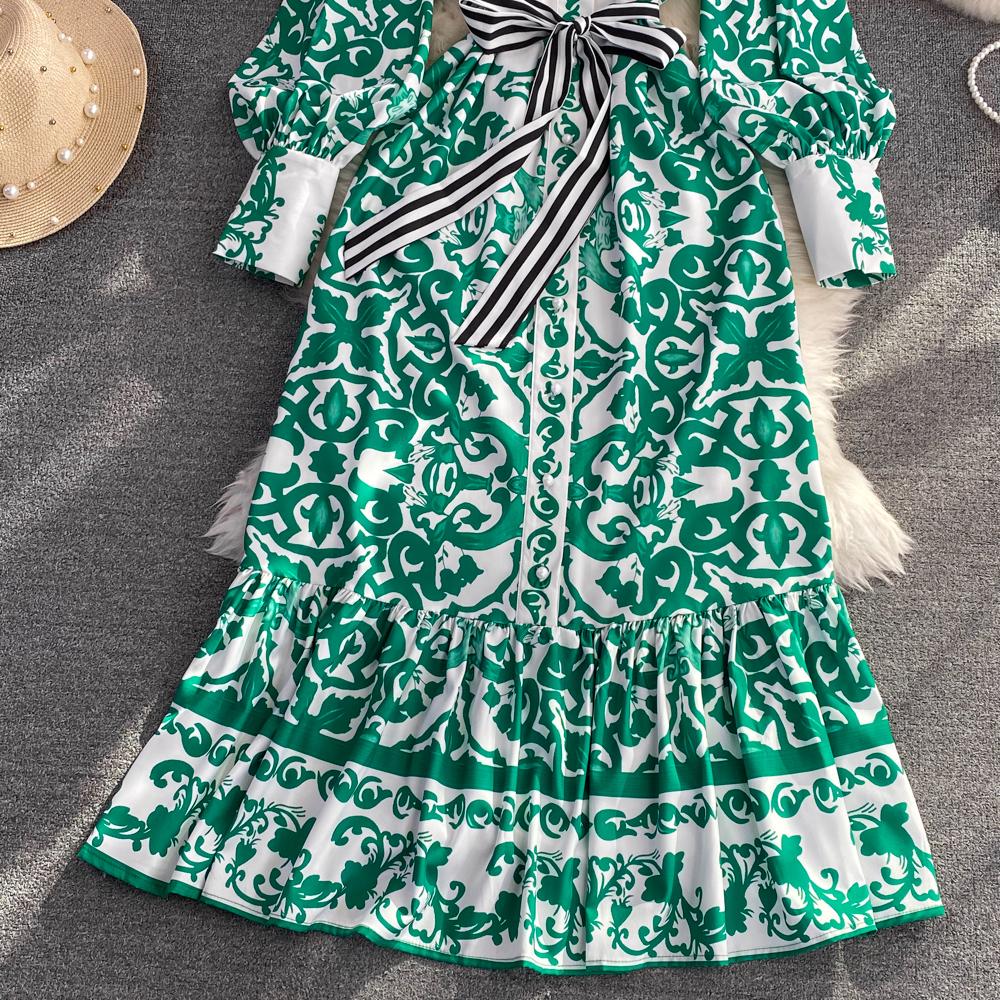 Podzimní móda Bohémský geometrický potisk květin Dlouhé společenské šaty maxi Dámské Popelín Stojánek Límec Lucerna Rukáv Šněrování Šaty na dovolenou