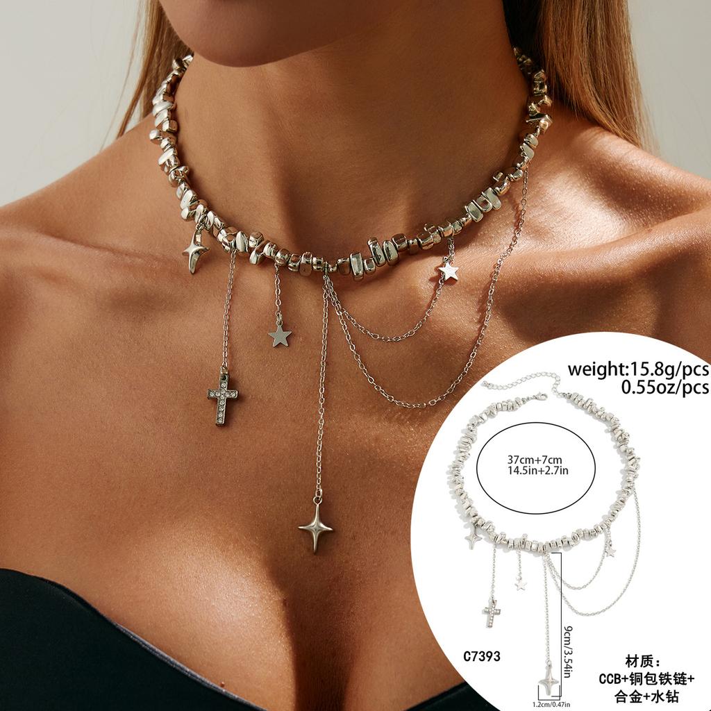 Sweet And Cool Hot Girl Metal Love Pendant Necklace Fashionable Irregular Beaded Tassel Chain Neck Chain