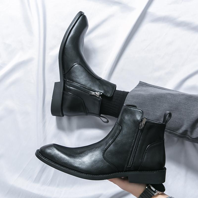 Chelsea Boots Spitz Hoher Schaft Leder Schuhe Friseur Martin Stiefel Reißverschluss Innen Erhöhend Freizeitstiefel