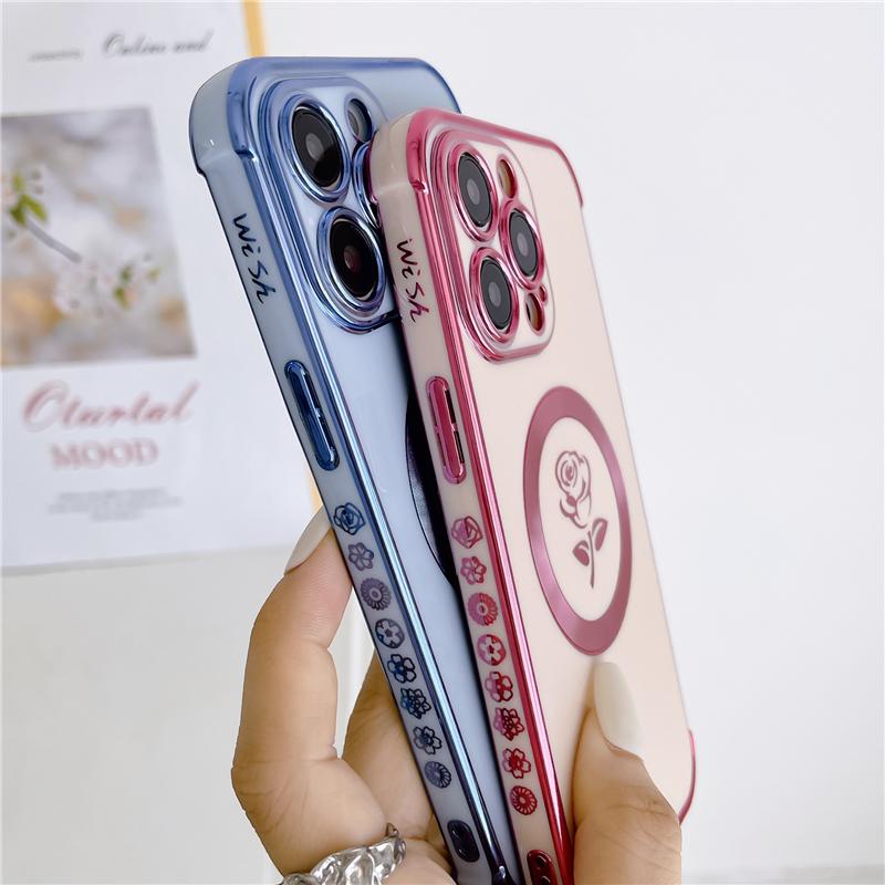 Luksusowa powłoka Rose Flower Frame Magsafe Magnetic Phone Case do iPhone'a 11 12 13 14 15 Pro Max Osłona obiektywu na etui 14 Plus