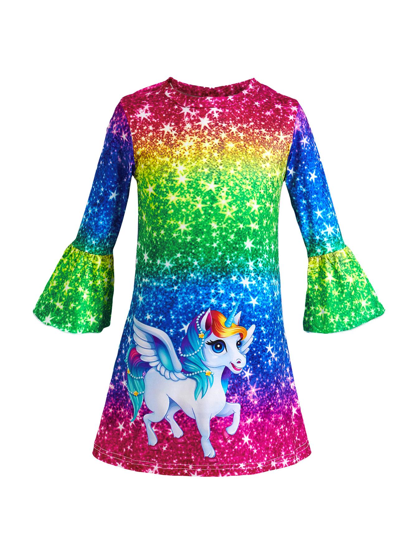 

Girls cartoon printed gradient multi-color long-sleeved flared sleeve round neck dress suitable for ages 2-7 130 рожевий/зелений