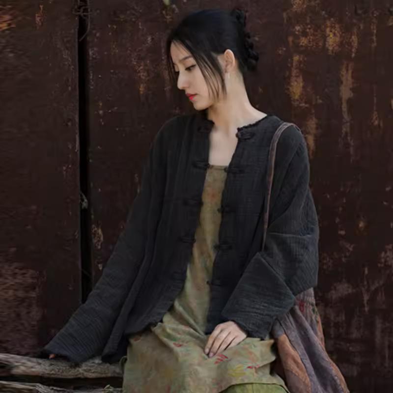 Women Chinese Style Shirts Solid Color Long Sleeve Button Loose Autumn Vintage Cotton Linen Women Shirts Tops