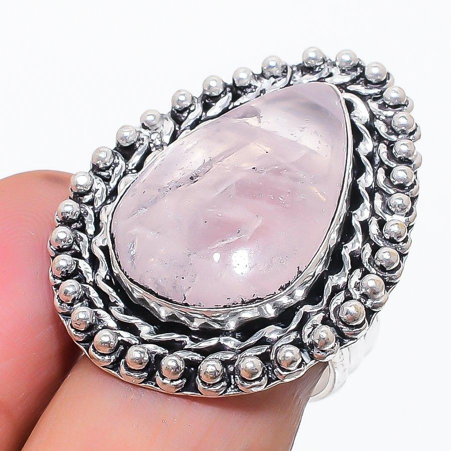 Natural Rose Quartz Gemstone 925 Sterling Silver Jewelry Ring Size 8 e0k69
