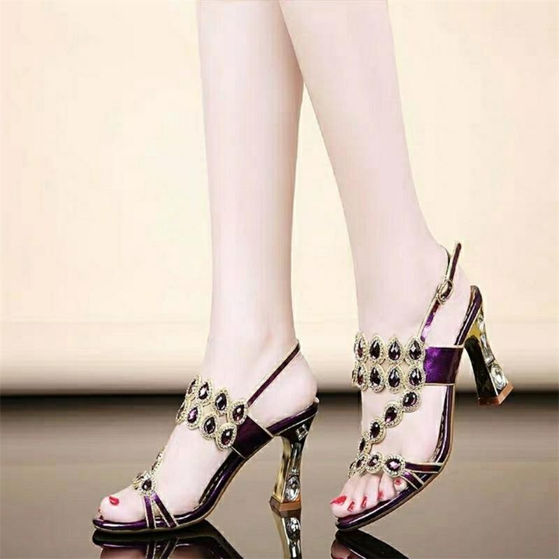 High Heels temperament Sandals Women Summer Woman Party Shoes Fashion brick crystal thick heel Square Heel Sandals