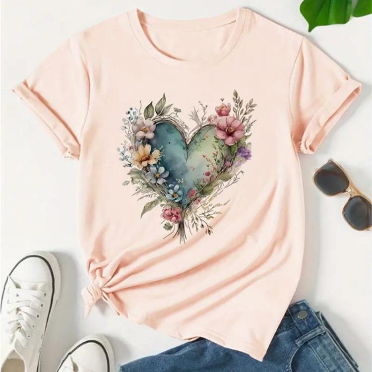Women's Heart Print T-shirt Short Sleeve Crew Neck Casual Top For Spring Summer