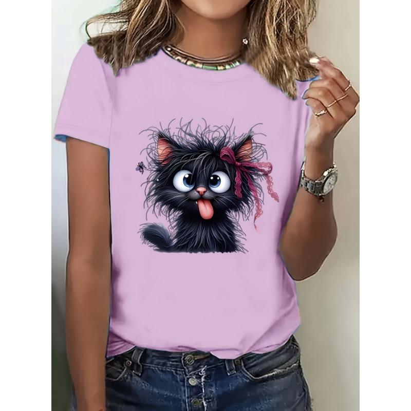 Fluffy Black Cat Women's Tee - Cute Cartoon Graphic, Playful Feline Print for Casual Daily Wear