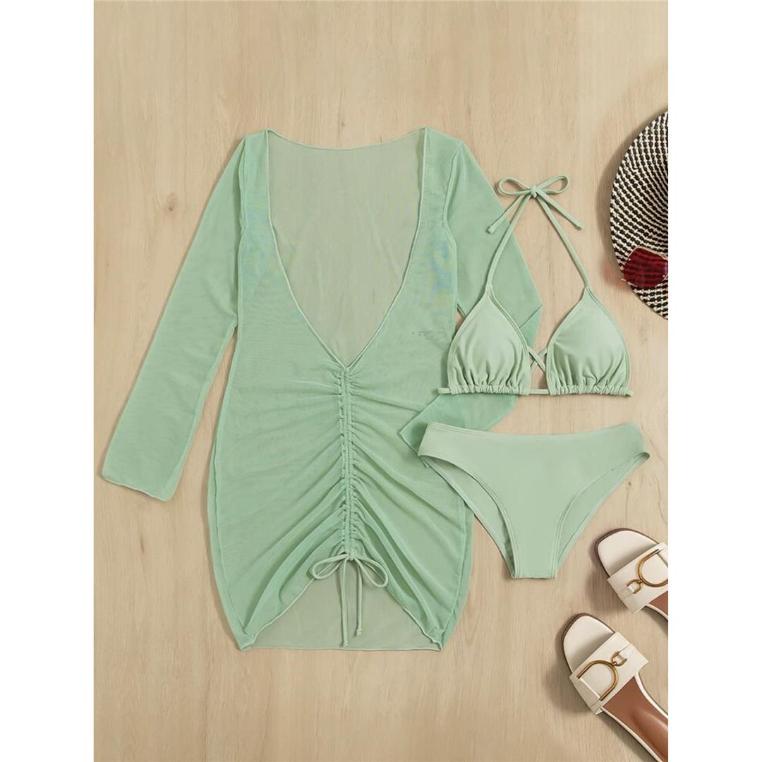 

Жіночий купальник із довгими рукавами, бікіні з довжиною на довжині, жіночий купальний костюм із трьох предметів, комплект бікіні, купальний костюм для плавання, жіночий L світло-зелений колір