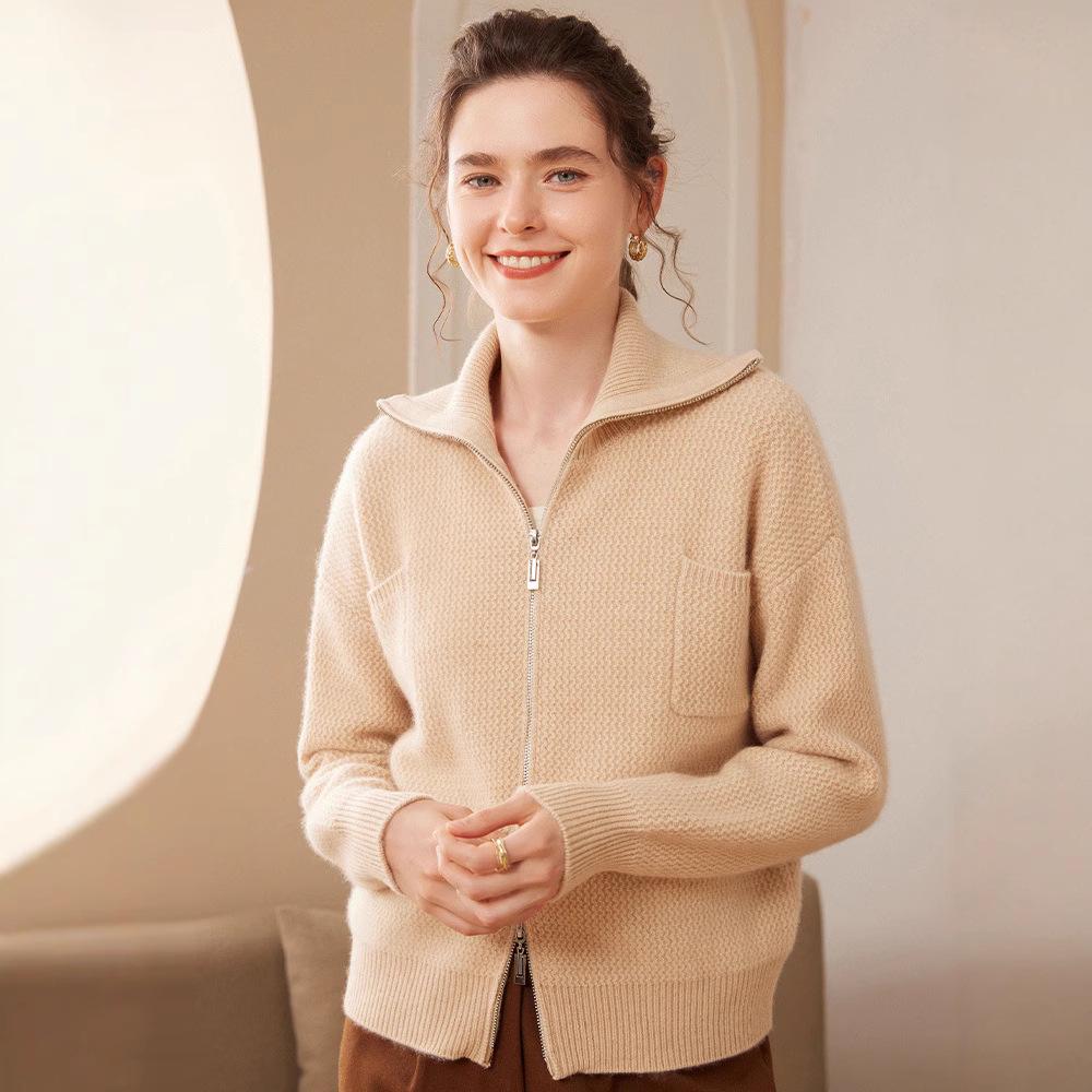 Women's Cashmere Knit Long Sleeve Cardigan - Fashionable, Versatile Lapel Thick Sweater for Autumn & Winter