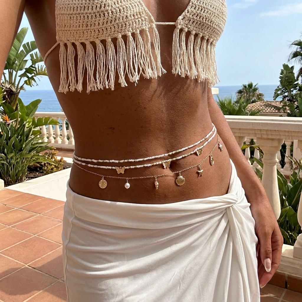 Fashion Bohemian Waist Chain For Women Starfish Shell Turtle Butterfly Pendant Rice Beads Waist Chain Beach Party Body Jewelry