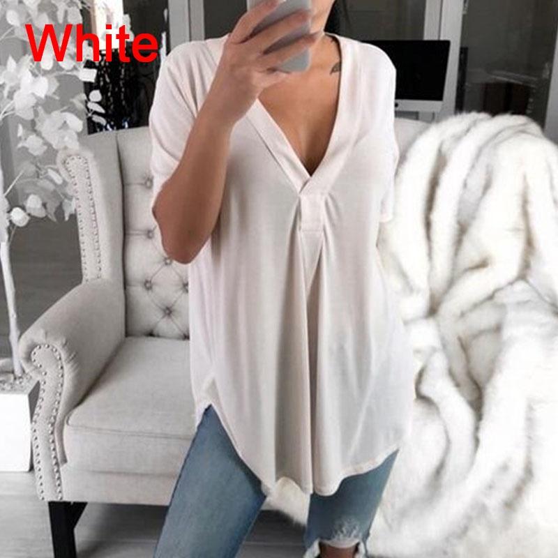 

Летние сексуальные женские модные повседневные свободные топы Повседневная футболка Летняя однотонная блузка с v-образным вырезом и короткими рукавами больших размеров S белый