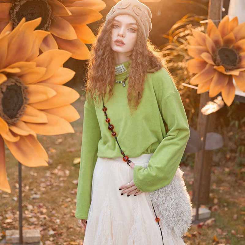 

Двухцветная блузка с высоким воротом и свободным низом, женская удобная одежда на осень и зиму, футболка с длинными рукавами L зелёный