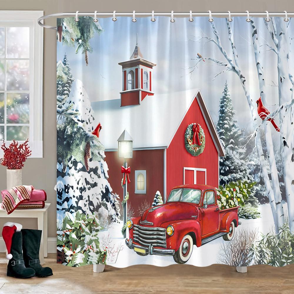 Winter Christmas Shower Curtain Red Truck Snowman Reindeer Snowy Farmhouse Bath Curtain Washable Polyester Fabric Bathroom Decor