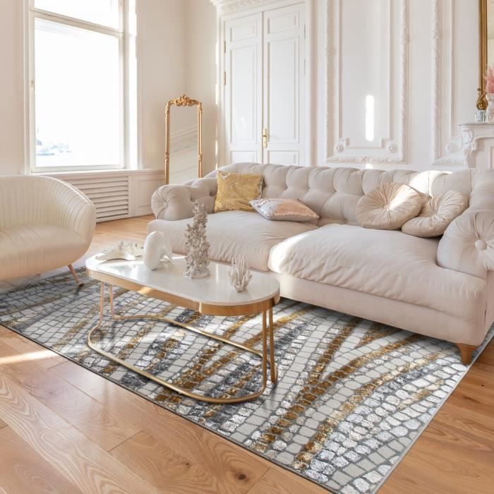 Graphic Living Room Rug Tile Effect Grey Gold 120x170
