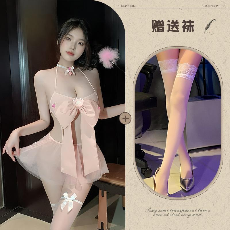 Pink Bow Three-point Erotic Underwear Pure Desire Temptation Splicing Mesh Perspective Free-to-take Set