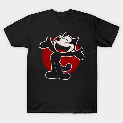 Men Black Print T-shirt Felix The Cat No-Cut Heat Transfer Print Cotton Tshirt