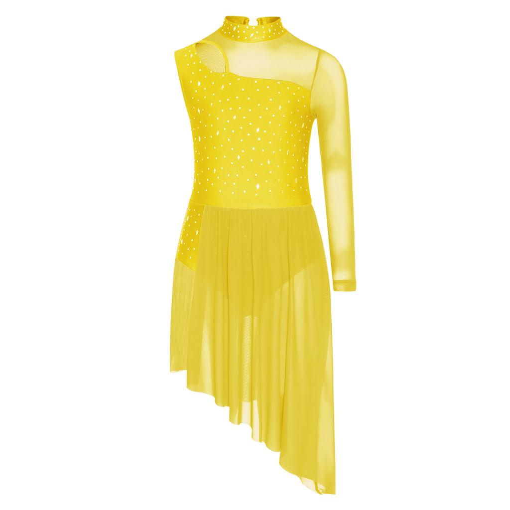 Girls Asymmetrical Lyrical Dance Costume Mock Neck Cutout Sheer Mesh Patchwork Shiny Rhinestones Side Split Dress