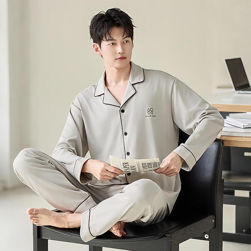 Men's Plus Size Long-Sleeve Plaid Cotton Pajamas for Spring & Autumn, Suitable for Outdoor Wear.