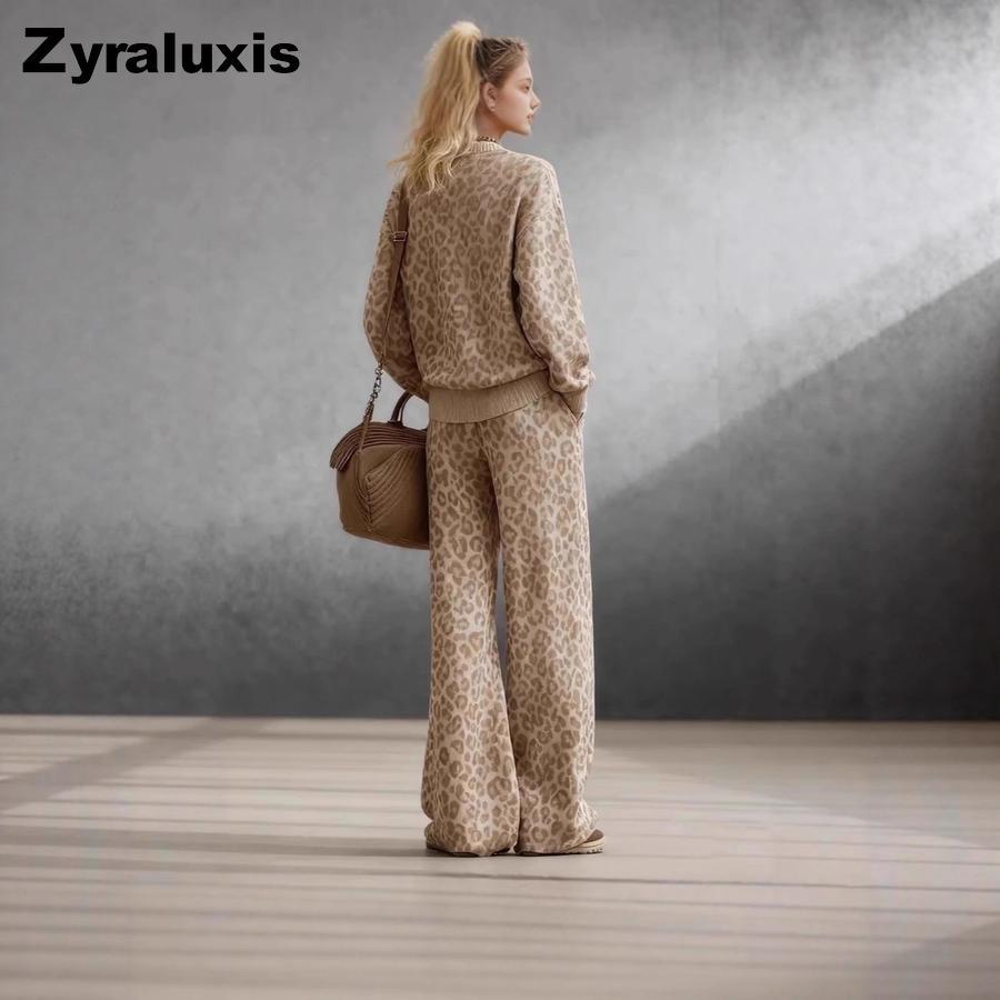 Autumn Brown Leopard Print Set Long Sleeve Slim Fit Sweatshirt Vintage Casual Pants Women