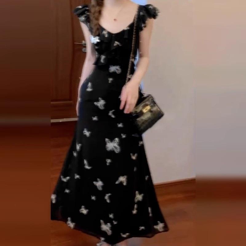 2026 New Coffee Break French Black Floral Dress Summer Women's High-end Small Flying Sleeves Waist Long Dress