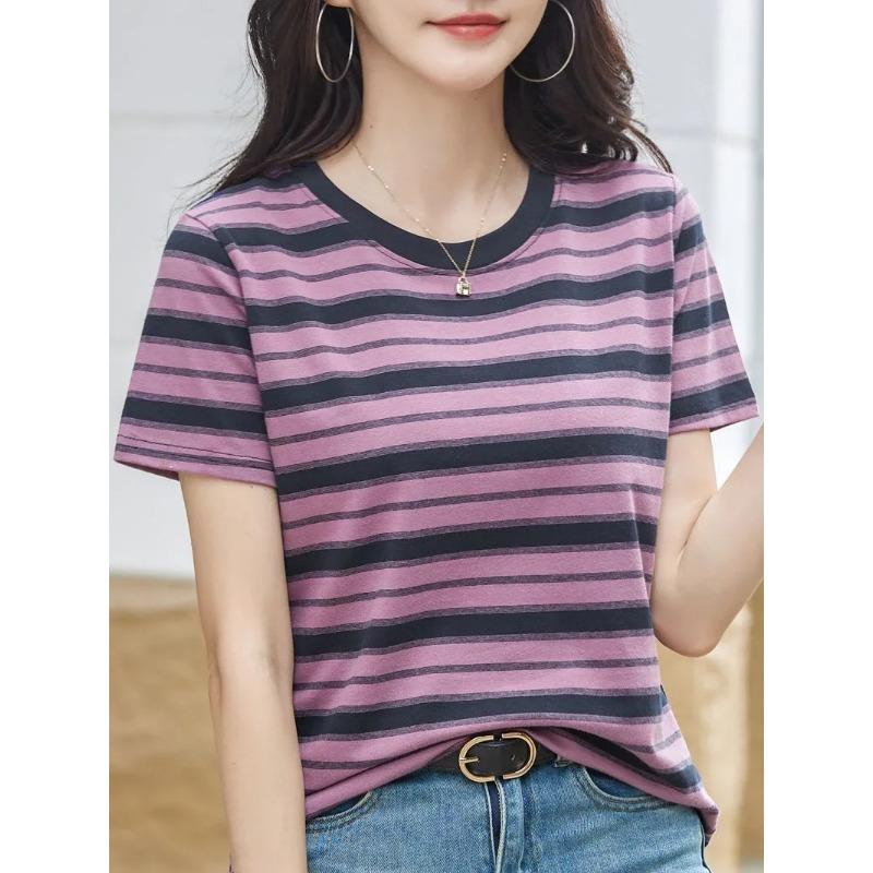 Women Green and Beige Striped Short Sleeve T-Shirt
