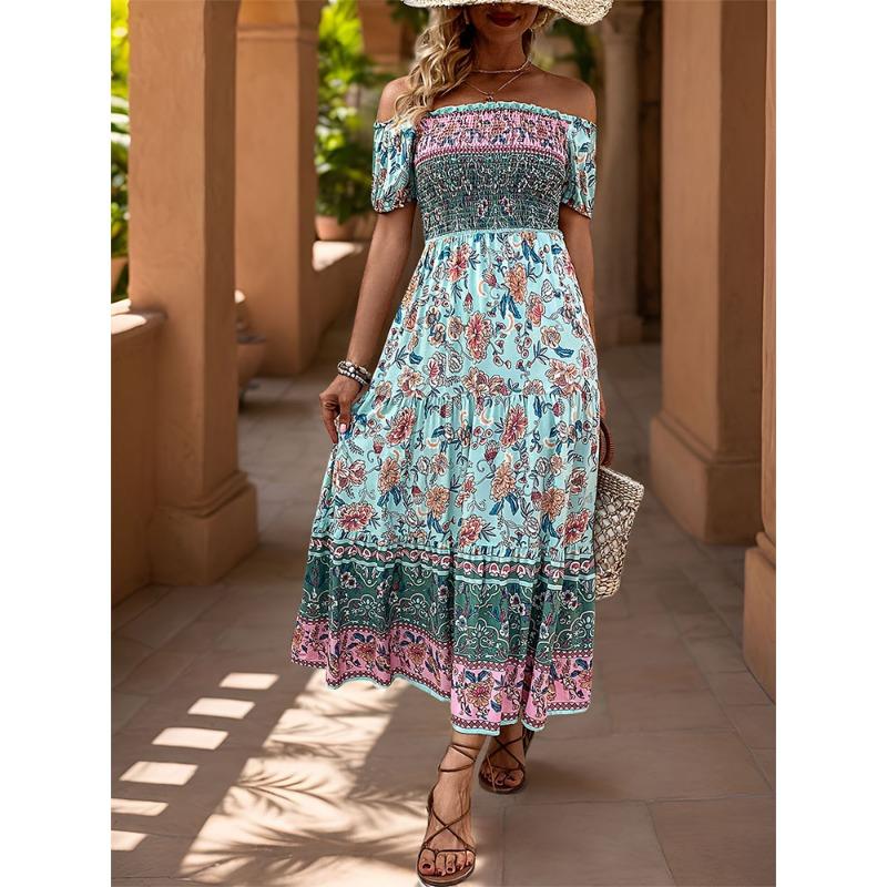 Women's Summer Vintage Ethnic Vacation Off-the-Shoulder Print Dress