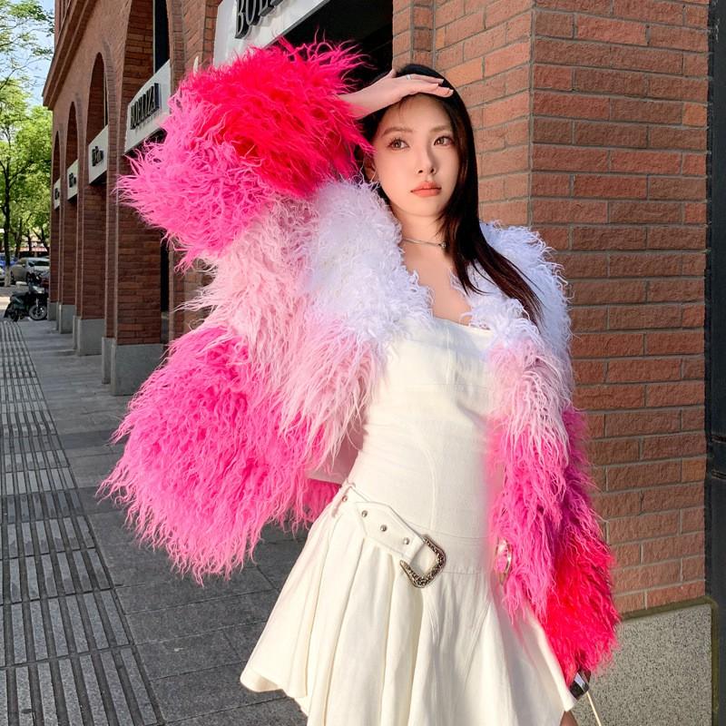 Short Faux Fur Coat Women Color Block Pink White Rose Winter Streetwear Round Neck Long Sleeve