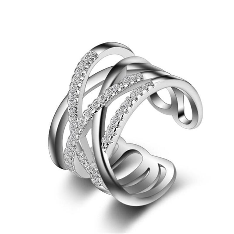 Korean 925 Silver Opening Rings Multi-layer Line Cross Mosaic Zirconia Rings For Women Jewelry S-r243